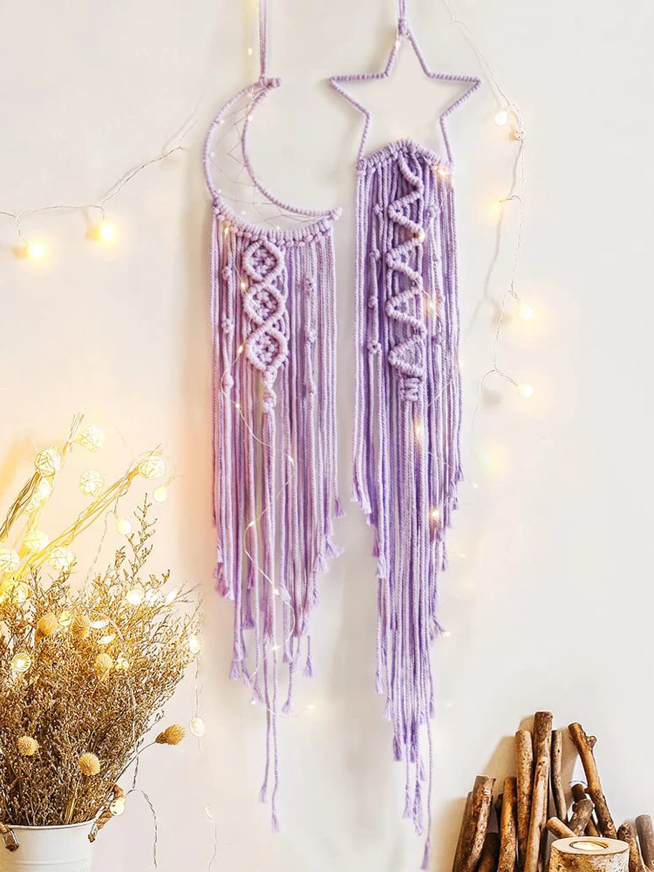 2Pcs Moon Star Macrame Dream Catcher Beige Pink Purple Tapestry Boho Home Decoration Macrame Wall Hanging Christmas Gift Kawaii
