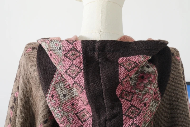 Jastie Retro Ethnic Large Shawl Ladies Fashion New Travel Knitted Hooded Poncho Women Boho Autumn Winter Warm Printed Cape Coats