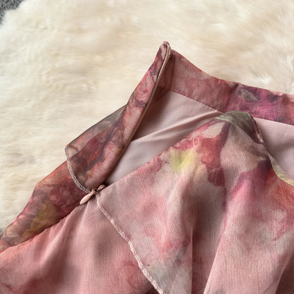 Holiday Ruffles Beach Skirts Suit Women Fashion Off Shoulder Floral Chiffon Tops  High Waist Mini Skirt Womens Two Peice Sets