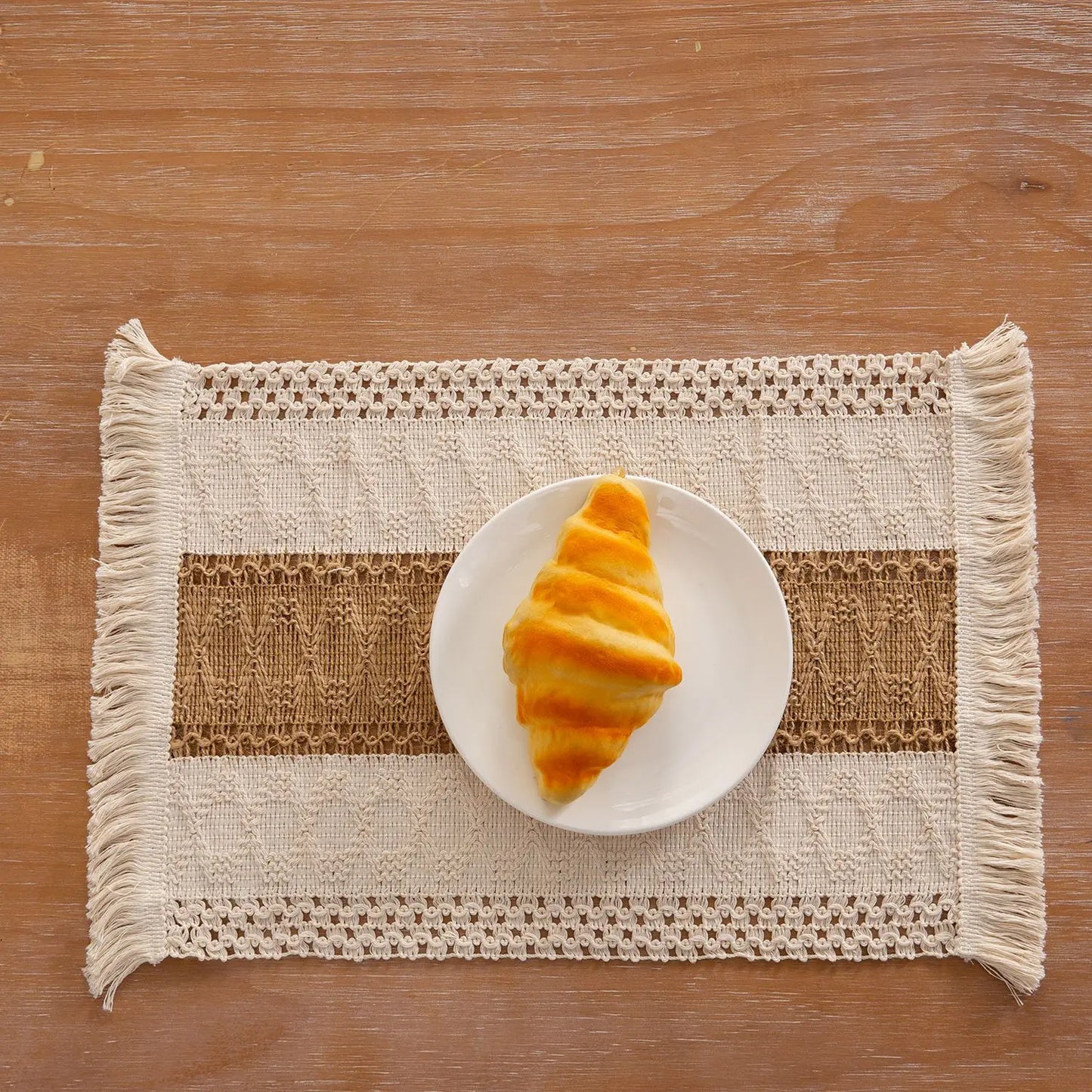 Boho Placemats Set of 6, Macrame Table Decor, Farmhouse Style Placemats, Natural Cotton Burlap, for Dining Table, Kitchen