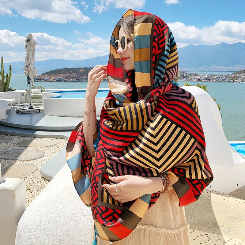 Summer Elegant Women Silk Scarf Beach Wrap Shawl Vintage Striped Print Lady Sunscreen Bandana Long Hijab Mujer Boho Scarve Pareo