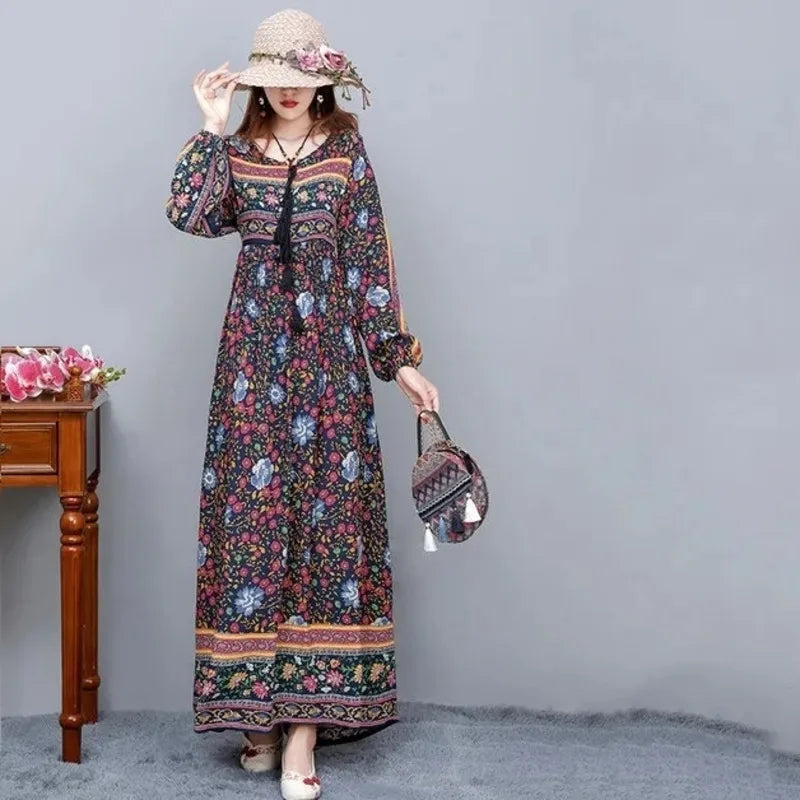 Vintage Women's Beach Skirt Dress Long Sleeve Floral Print Beach Bohemian Straight V-neck Maxi Dress Summer Ladies Dress