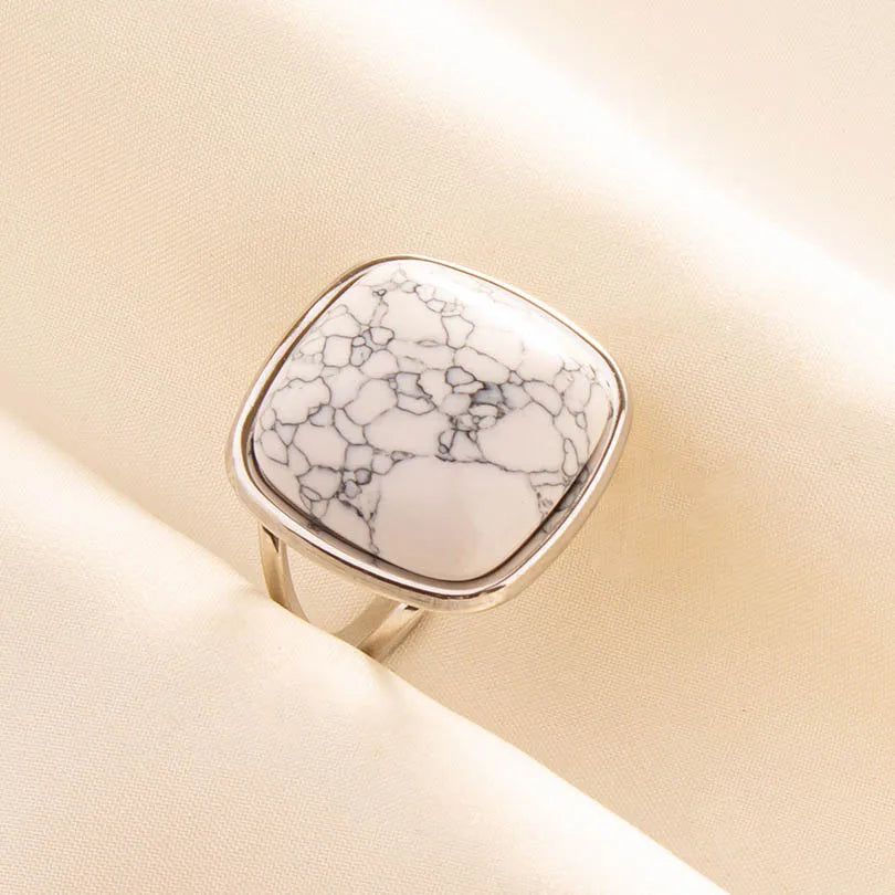 Chic Bohemian White Turquoise Statement Silver Color Ring Stainless Steel Opening Adjustable Boho Ring Jewelry Gifts Never Fade