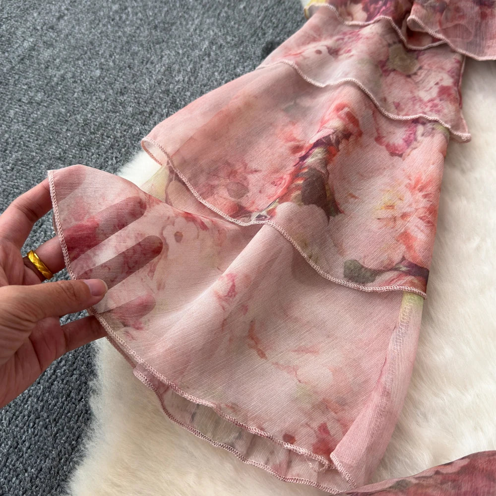 Holiday Ruffles Beach Skirts Suit Women Fashion Off Shoulder Floral Chiffon Tops  High Waist Mini Skirt Womens Two Peice Sets