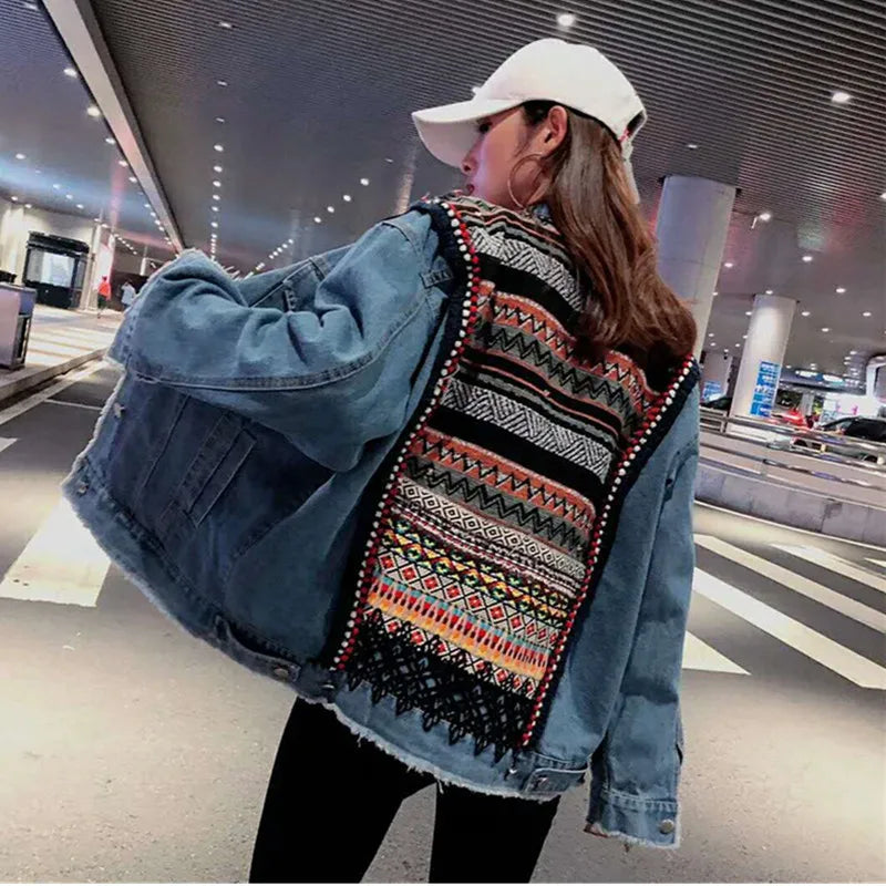 2024 Spring Women's Jacket Boho Denim Female Floral Appliques Embroidery Vintage Coat Long Sleeve Outerwear Jackets Coatee