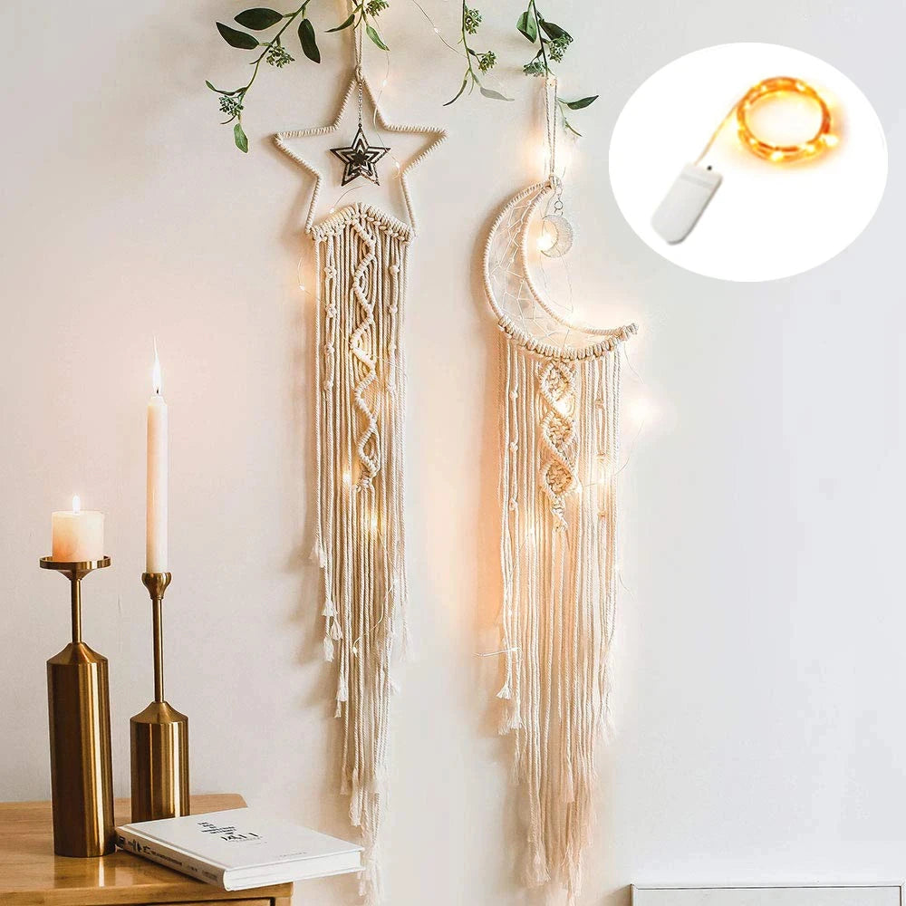2Pcs Moon Star Macrame Dream Catcher Beige Pink Purple Tapestry Boho Home Decoration Macrame Wall Hanging Christmas Gift Kawaii