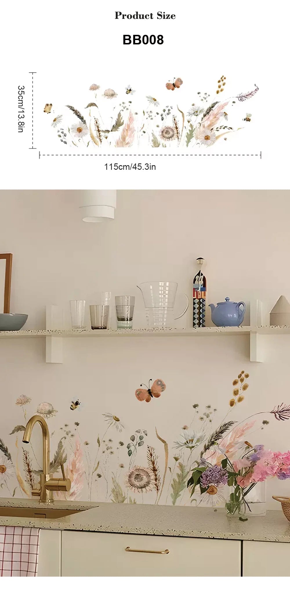 Boho Wildflowers Wall Stickers for Kitchen Glass Backsplash, Botanical Wall Border, Peel and Stick, Dining Room Decoration