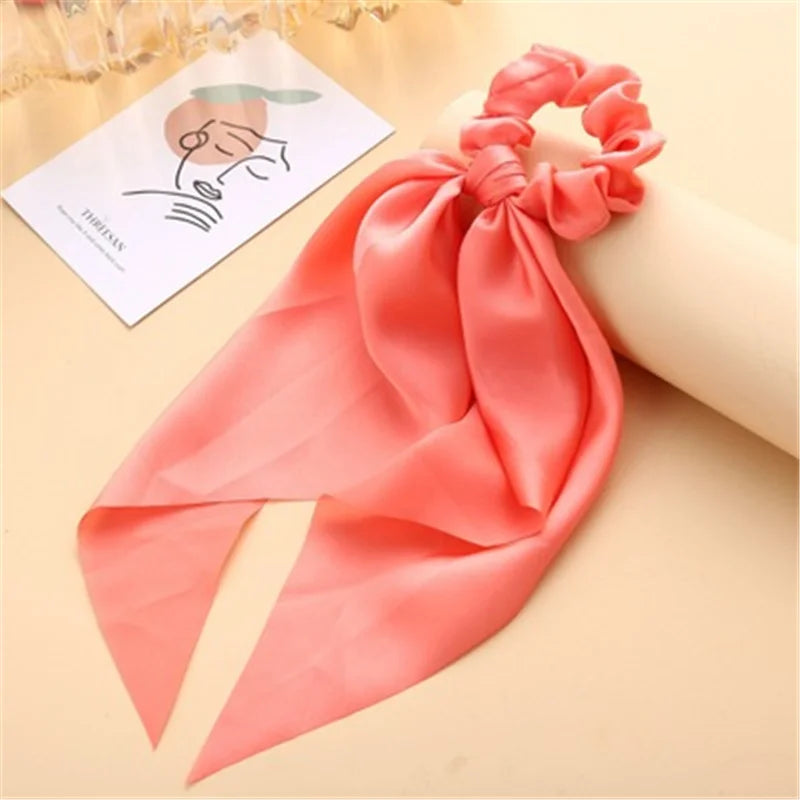 Bohemian Fashion Flower Printed Satin Elastic Long Ribbon Hair Bands Ponytail Scarf Hair Tie Women Scrunchies Hair Accessories