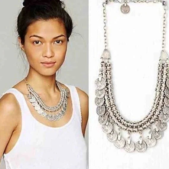 Boho Ethnic Turkish Gypsy Tribal Indian Beach Choker Bib Coin Tassel Collares Necklace For Women Vintage Silvery Afghan Jewelry