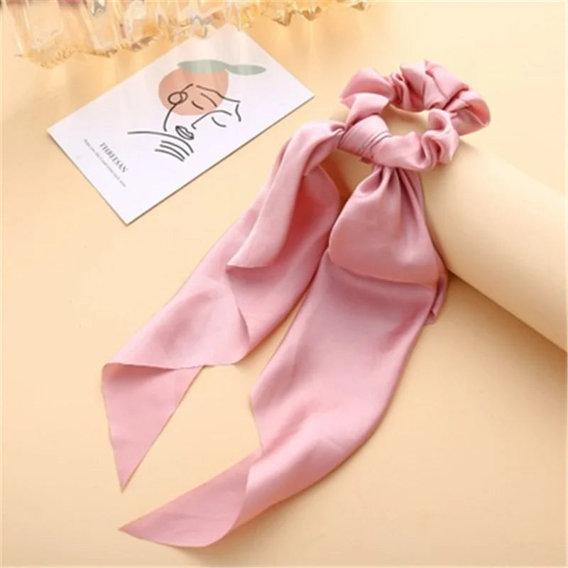 Bohemian Fashion Flower Printed Satin Elastic Long Ribbon Hair Bands Ponytail Scarf Hair Tie Women Scrunchies Hair Accessories