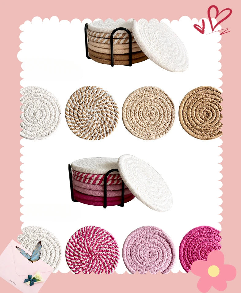 8Pcs/Set Cotton Rope Woven Round Coaster Set Mug Insulated Pad Boho Style Drink Coaster Tea Cup Mat For Coffee Home Decoration