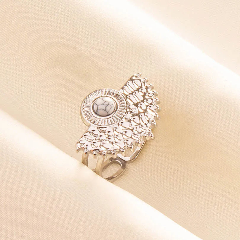 Chic Bohemian White Turquoise Statement Silver Color Ring Stainless Steel Opening Adjustable Boho Ring Jewelry Gifts Never Fade