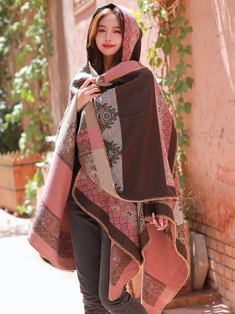 Jastie Retro Ethnic Large Shawl Ladies Fashion New Travel Knitted Hooded Poncho Women Boho Autumn Winter Warm Printed Cape Coats