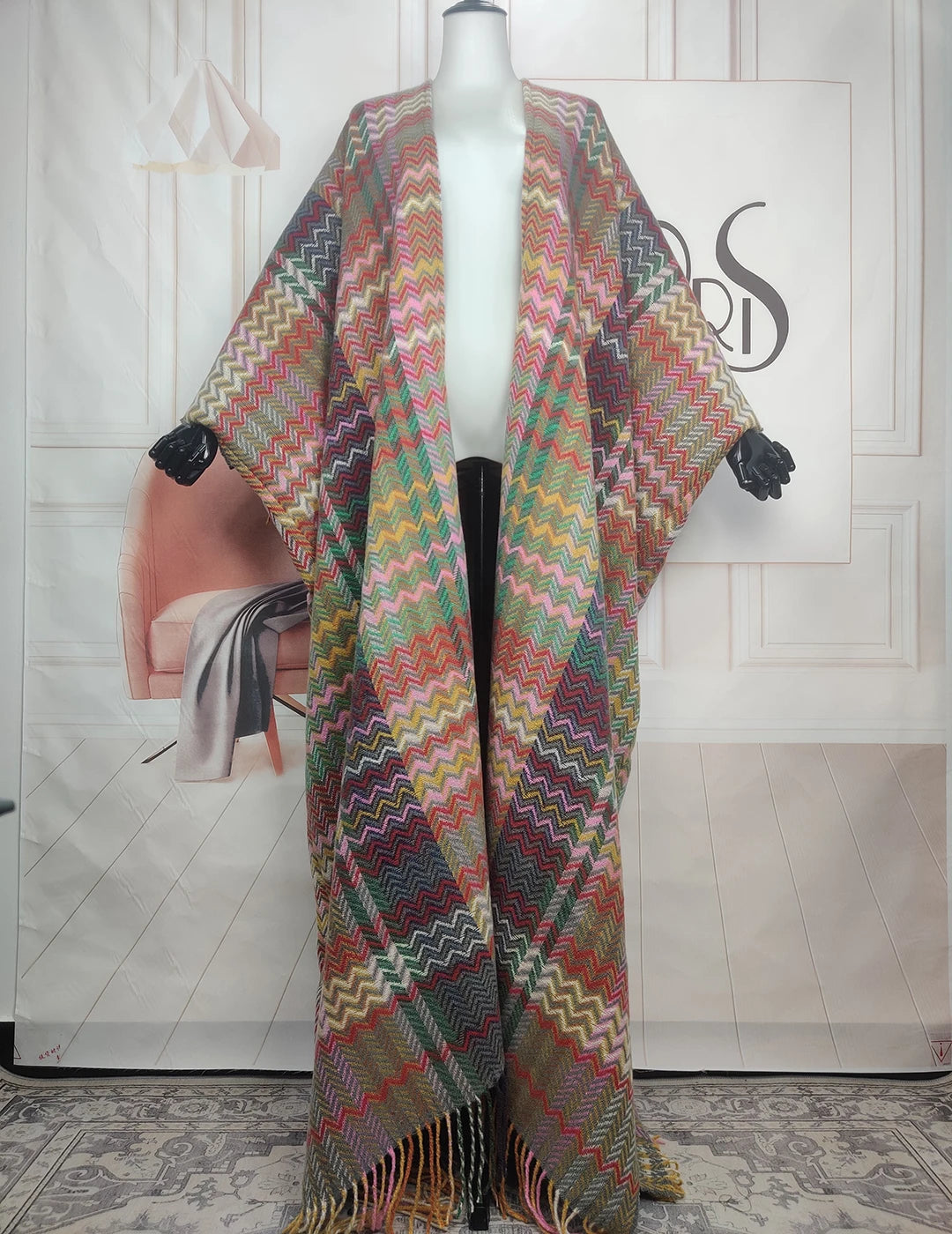 2023 Fashion New Winter Rainbow Wave Fuzzy Long Cardigans Plus Size African Blogger Warm Boho Duster Coat For Holiday