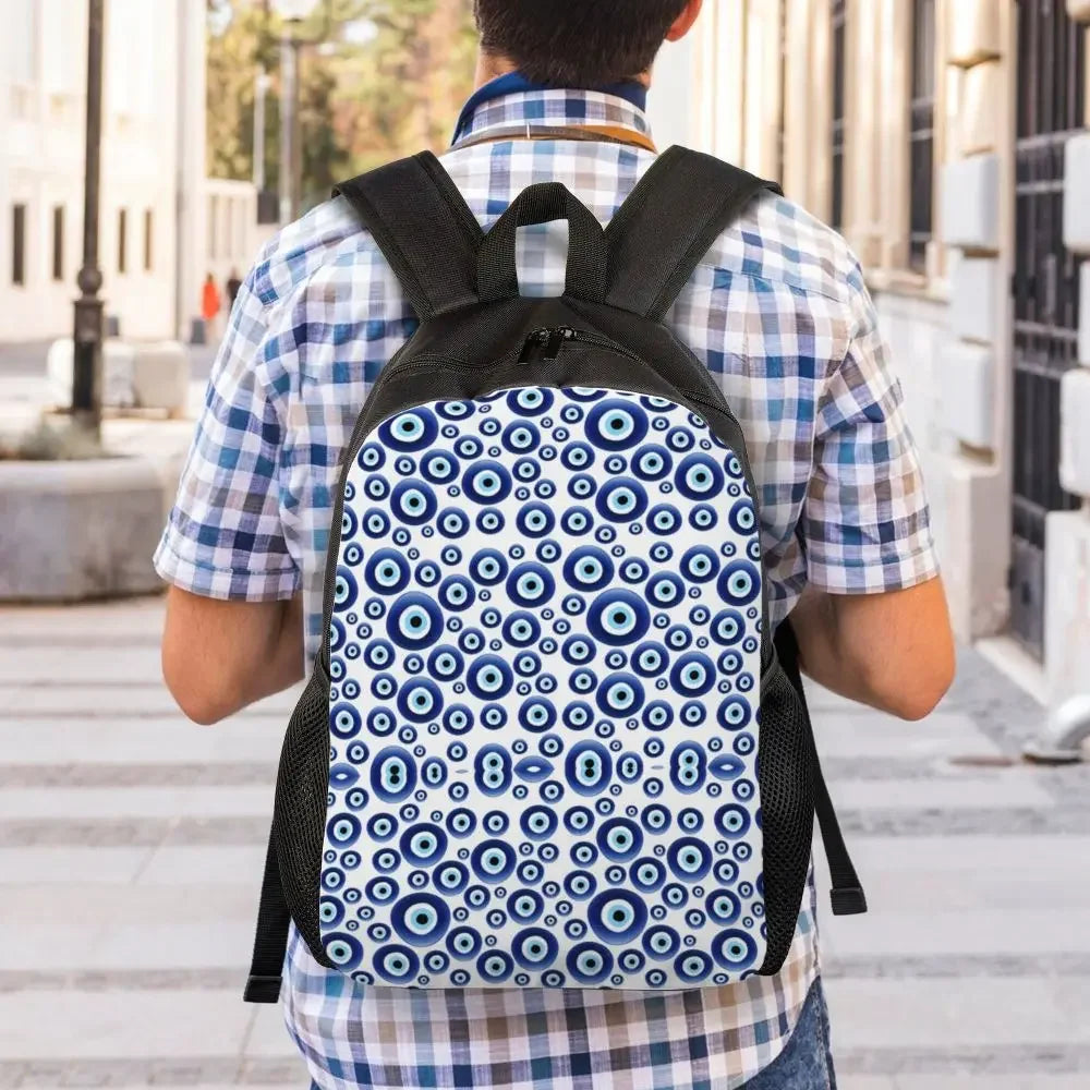 Custom Navy Blue White Mediterranean Evil Eye Mandala Pattern Backpacks Men Casual Bookbag for School College Bohemian Boho Bags