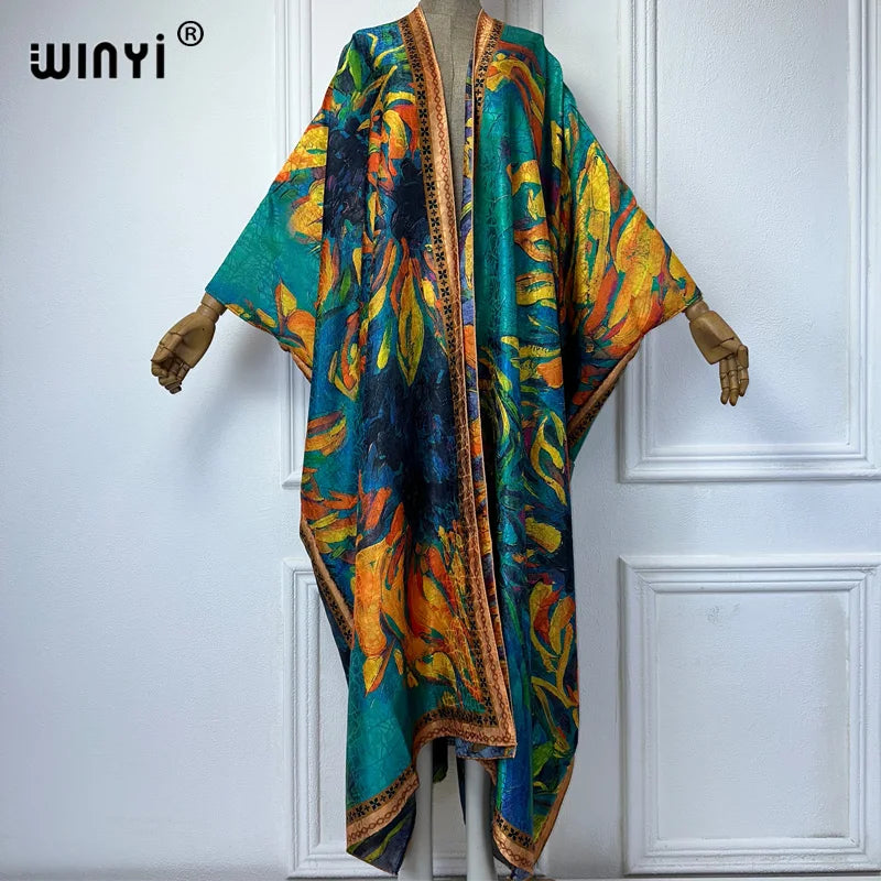 WINYI high quality boho print open coat Beach Wear Cover up elegant kaftan abaya dubai luxury Cardigan kimono maxi dress