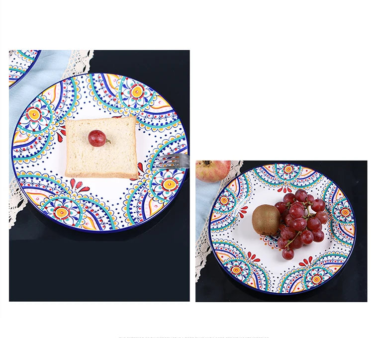 Creative Boho Ceramic Plate European Classical Painted Steak Pasta Dinner Plates Restaurant Hotel Serving Tray Home Tableware