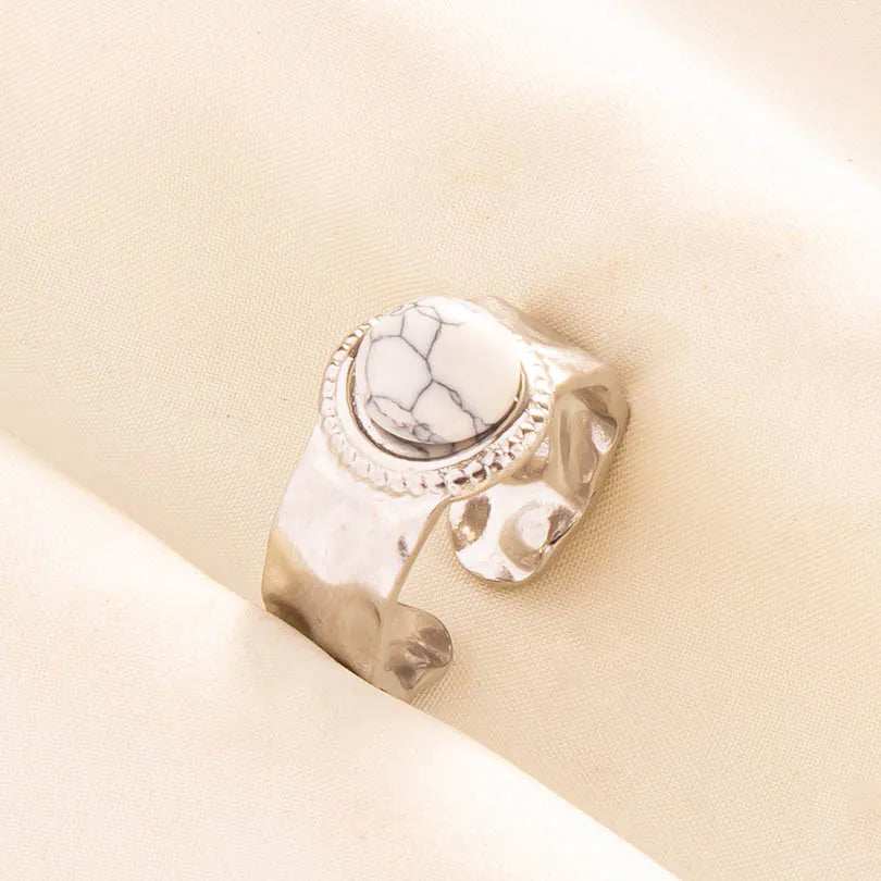 Chic Bohemian White Turquoise Statement Silver Color Ring Stainless Steel Opening Adjustable Boho Ring Jewelry Gifts Never Fade