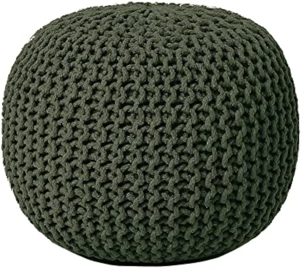 Round Hand Knitted Pouf - Foot Stool Bean Bag Ottoman - Cord Boho Pouffe - Poof Accent Beanbag Footrest for Living Room Olive