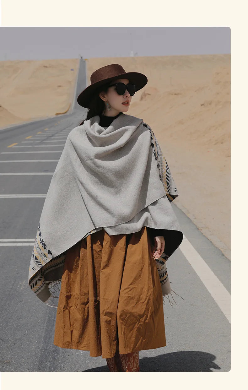 WeHello - Bohemian shawl tie dyed stripe overlay, imitation cashmere cape ethnic style warmth overlay with scarf