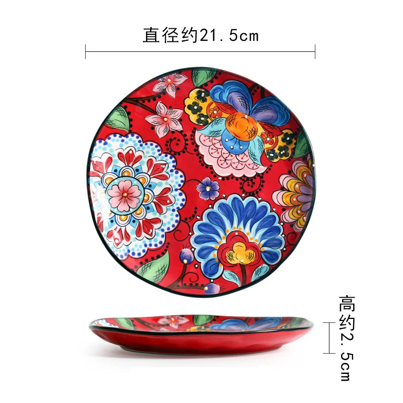 Creative Boho Ceramic Plate European Classical Painted Steak Pasta Dinner Plates Restaurant Hotel Serving Tray Home Tableware