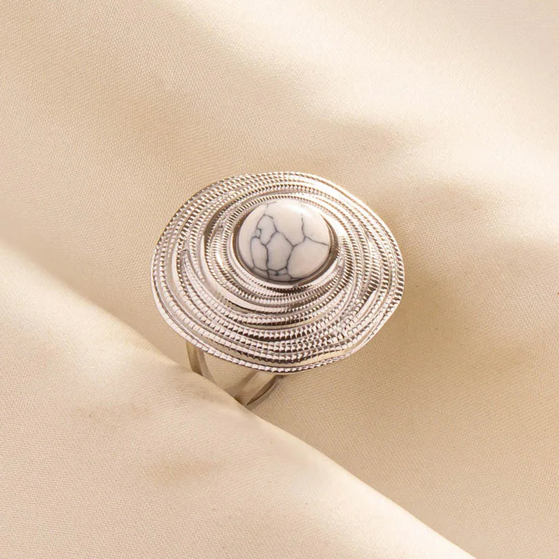 Chic Bohemian White Turquoise Statement Silver Color Ring Stainless Steel Opening Adjustable Boho Ring Jewelry Gifts Never Fade