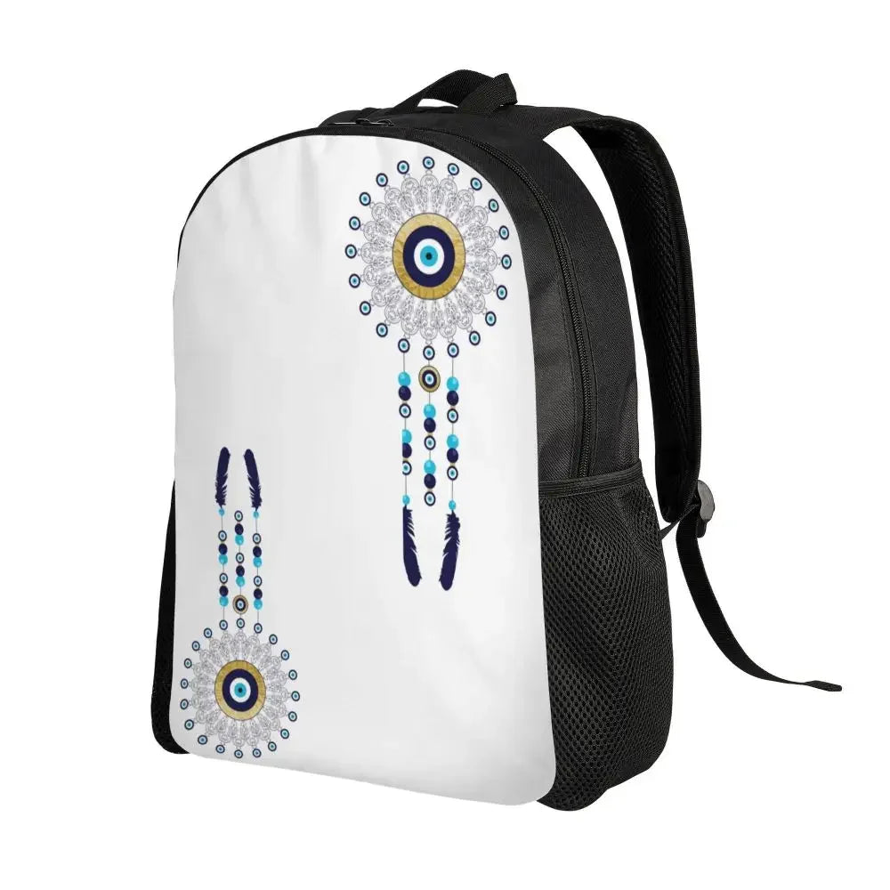 Custom Navy Blue White Mediterranean Evil Eye Mandala Pattern Backpacks Men Casual Bookbag for School College Bohemian Boho Bags