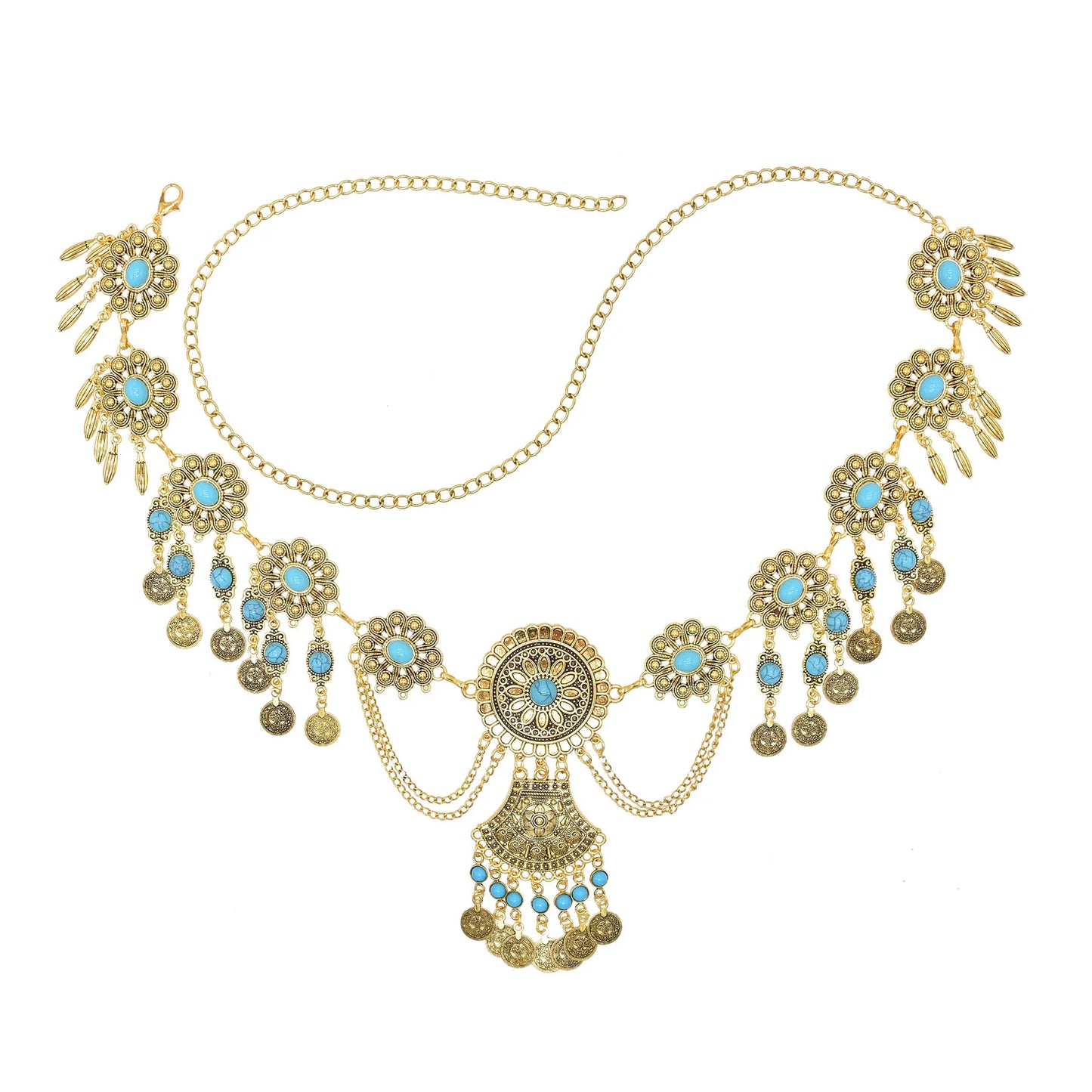 Retro Geometric Carving Waist Chain Turquoise Coins Pendant Luxury Metal Dress Accessories Indian Gypsies Ethnic Jewelry Gift