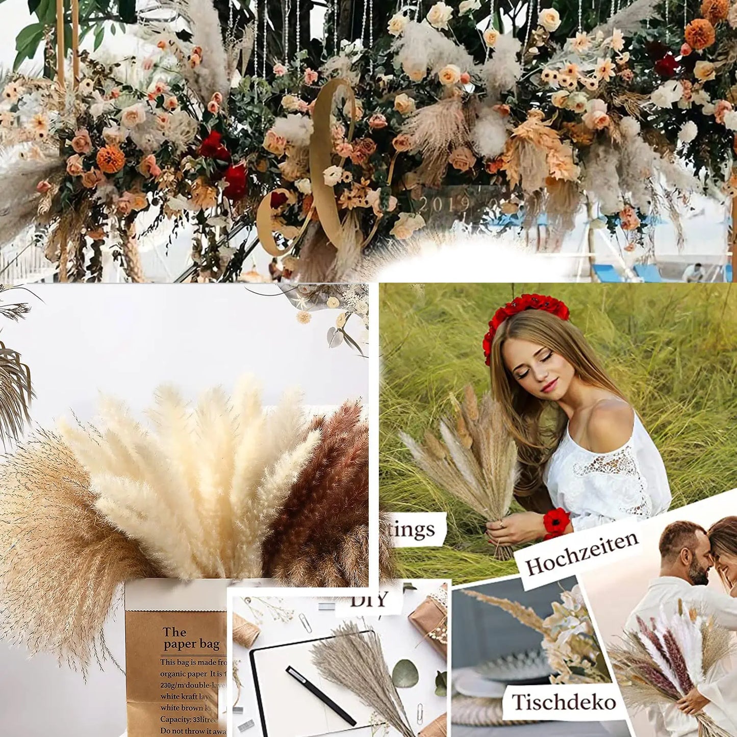 120Pcs Dried Pampas Grass Decor Flowers for Vase Pompas Grass Wedding Boho Decor,Natural Pampas Bouquet Garden Home Decoration