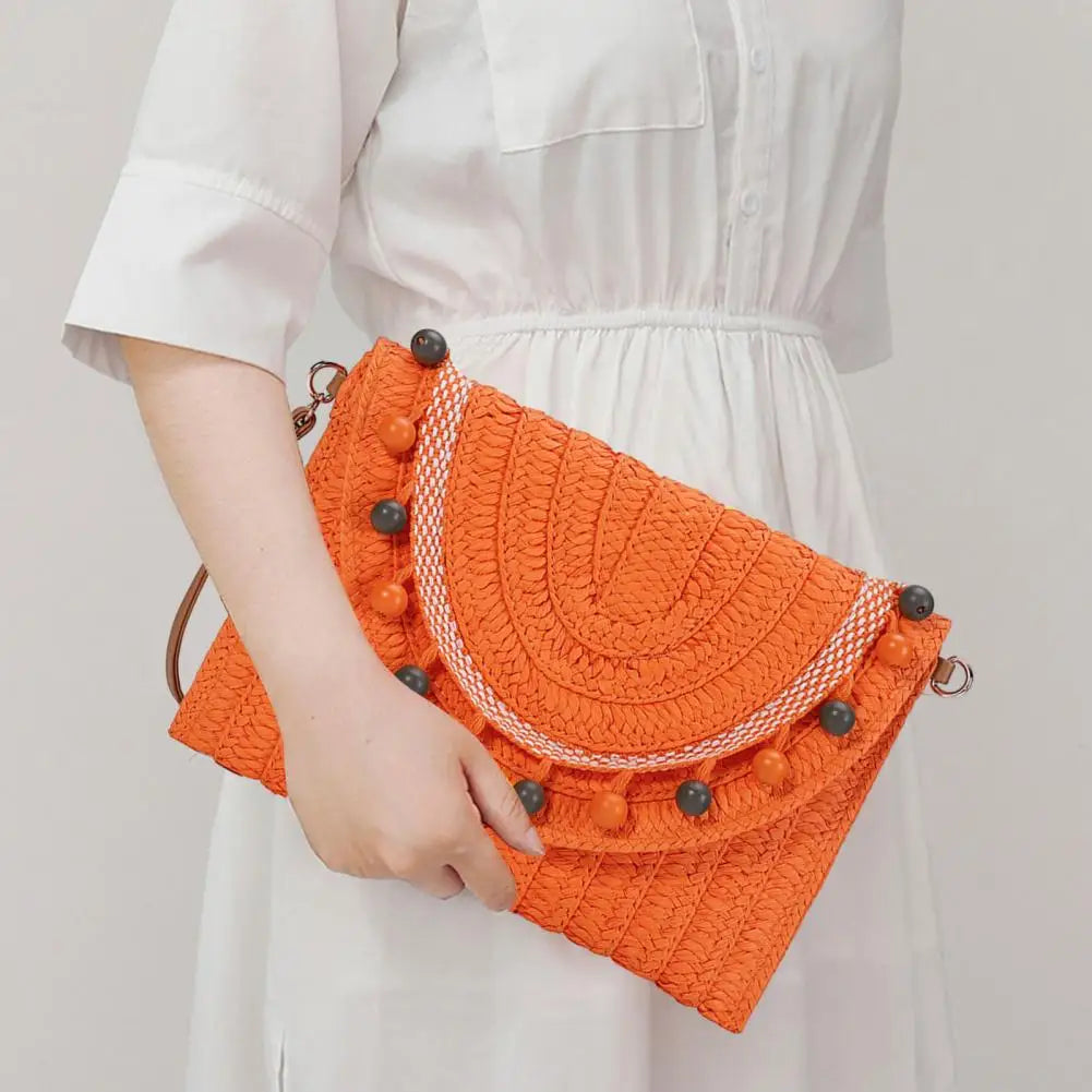 Handmade Straw Shoulder Bag with Beads Bohemian Style Large Capacity Crossbody Wallet Combo Magnetic Clasp Wallet Crossbody Bag