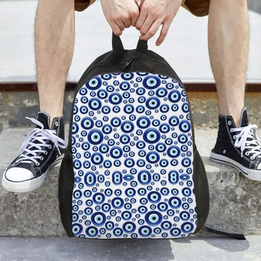 Custom Navy Blue White Mediterranean Evil Eye Mandala Pattern Backpacks Men Casual Bookbag for School College Bohemian Boho Bags
