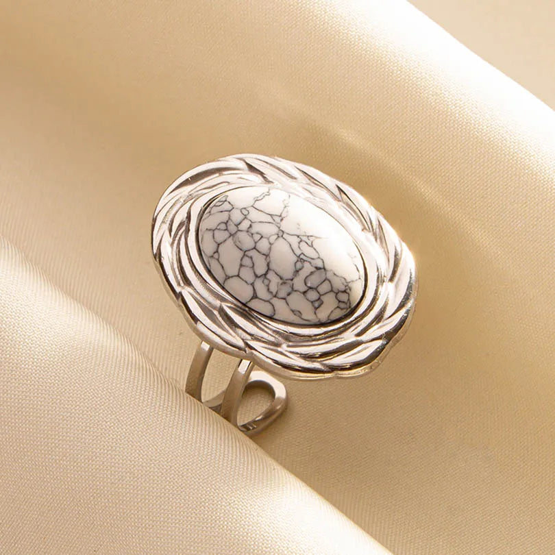 Chic Bohemian White Turquoise Statement Silver Color Ring Stainless Steel Opening Adjustable Boho Ring Jewelry Gifts Never Fade