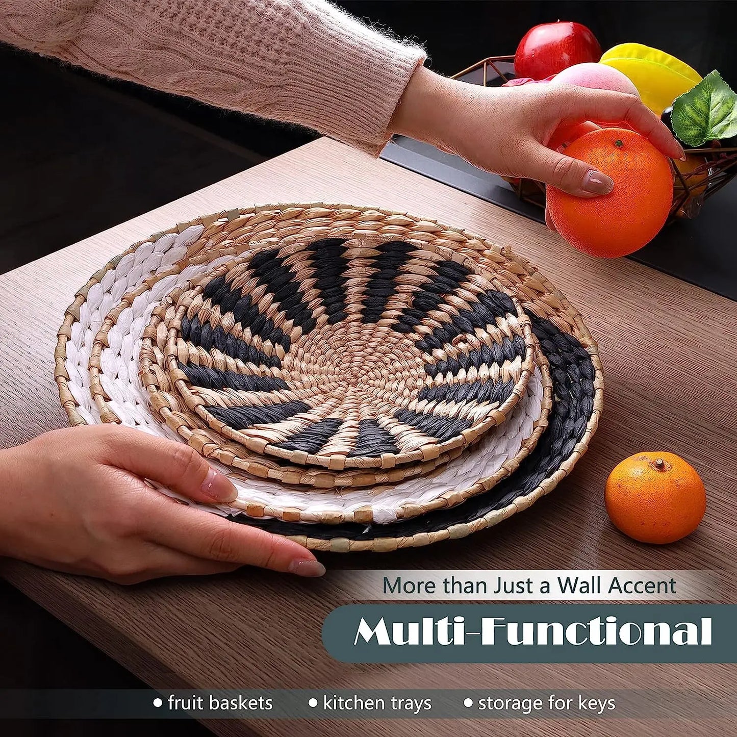 Woven Wall Basket Plate Boho Hanging Seagrass Wall Decor Natural Handmade Home Art for Living Room/Farmhouse/Kitchen