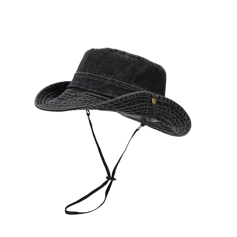 Women Girls Bucket Caps Pure Cotton Denim Stone-Washed Adjustable Safari Booney Sun Hats Wide Brim Adjustalbe