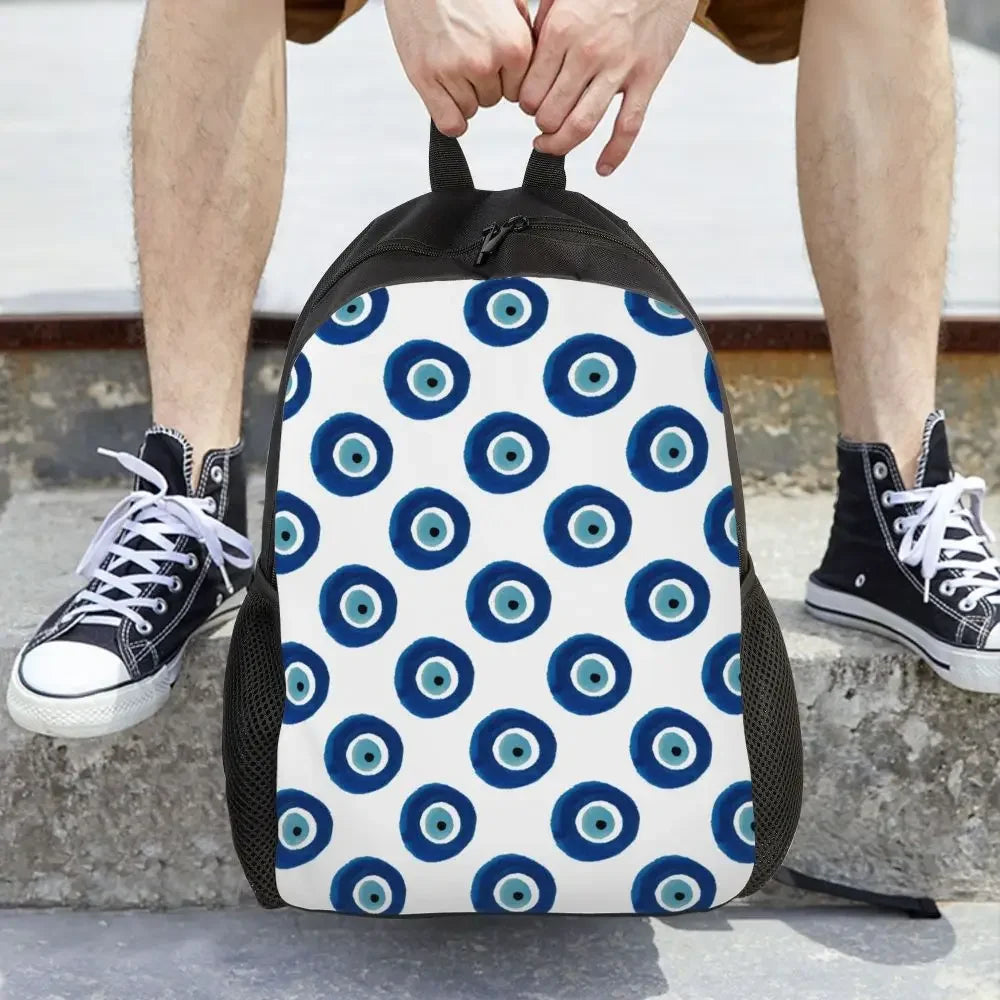 Custom Navy Blue White Mediterranean Evil Eye Mandala Pattern Backpacks Men Casual Bookbag for School College Bohemian Boho Bags
