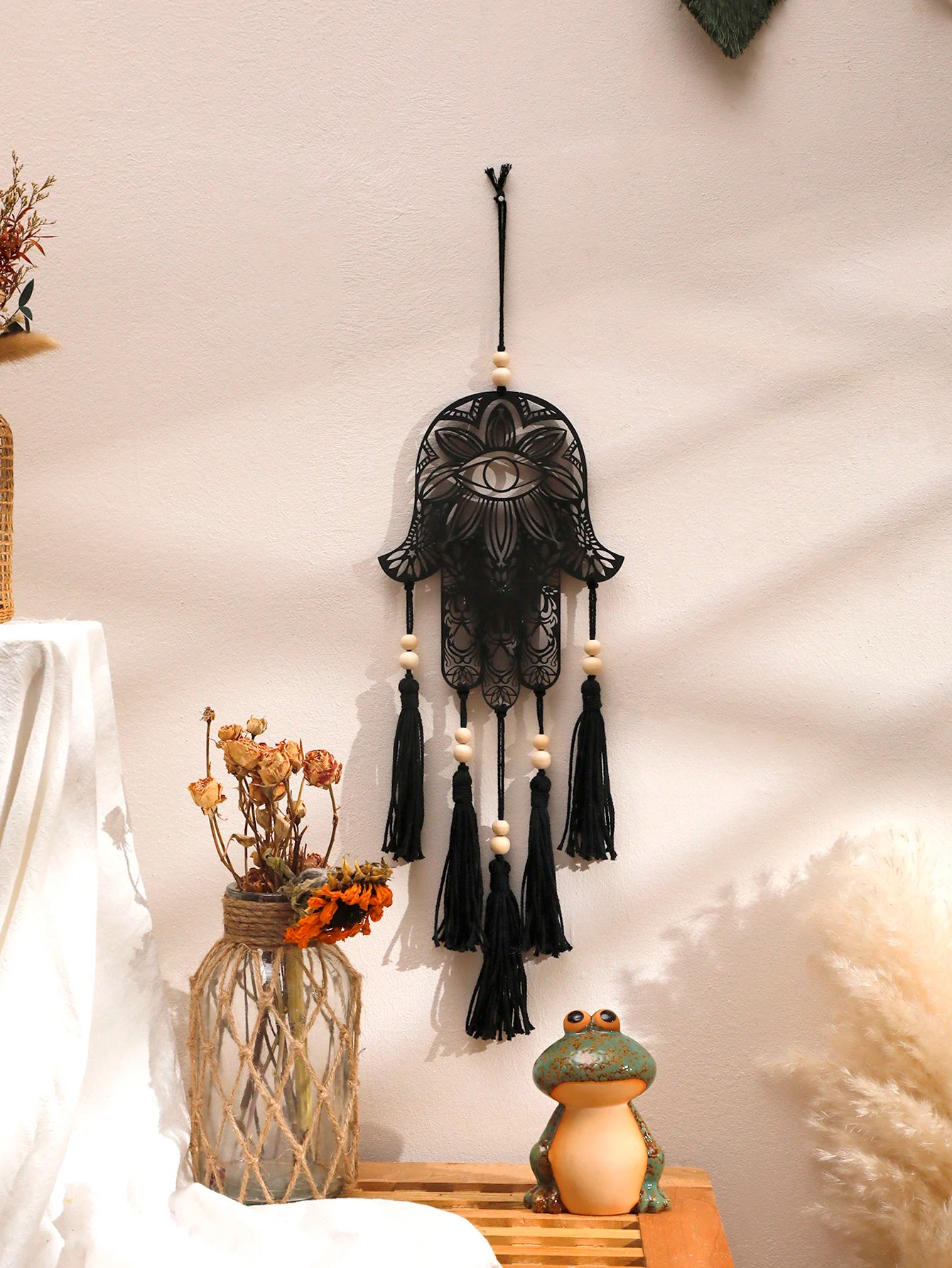 Hamsa Hand Wooden Wall Decor Black Evil Eye Macrame Boho Home Decoration Hanging Decor Room Decors Aesthetic Gift Room Ornament