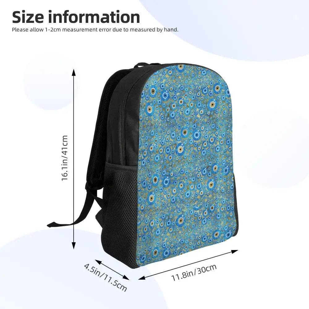 Custom Navy Blue White Mediterranean Evil Eye Mandala Pattern Backpacks Men Casual Bookbag for School College Bohemian Boho Bags
