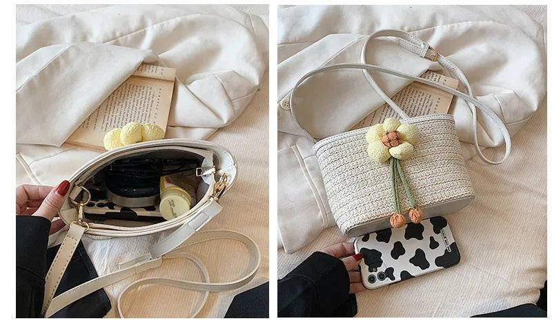 2024 New Woven Bag Women's Summer Versatile Crossbody Beach Resort Bag Mini Bohemian Phone Wallet Bucket Bag