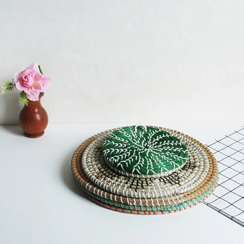 Seagrass Wall Basket Decor Hanging Boho Woven Flat Baskets for Living Room Family Room Bedroom Kitchen Bathroom Decor