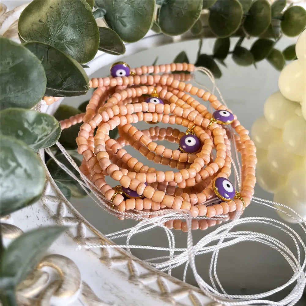 Boho Evil Eye Pendant Beaded Waist Chain for Female Plus Size African Non-Stretching Tie-on Belly Chain Bikini Body Jewelry 2022