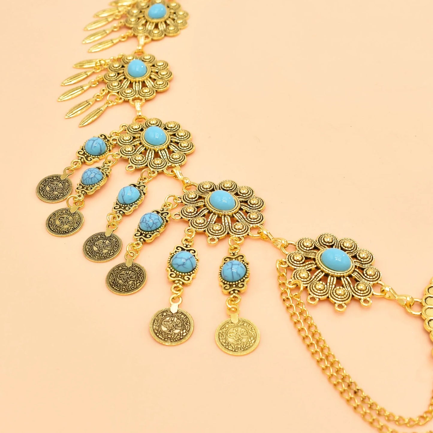 Retro Geometric Carving Waist Chain Turquoise Coins Pendant Luxury Metal Dress Accessories Indian Gypsies Ethnic Jewelry Gift