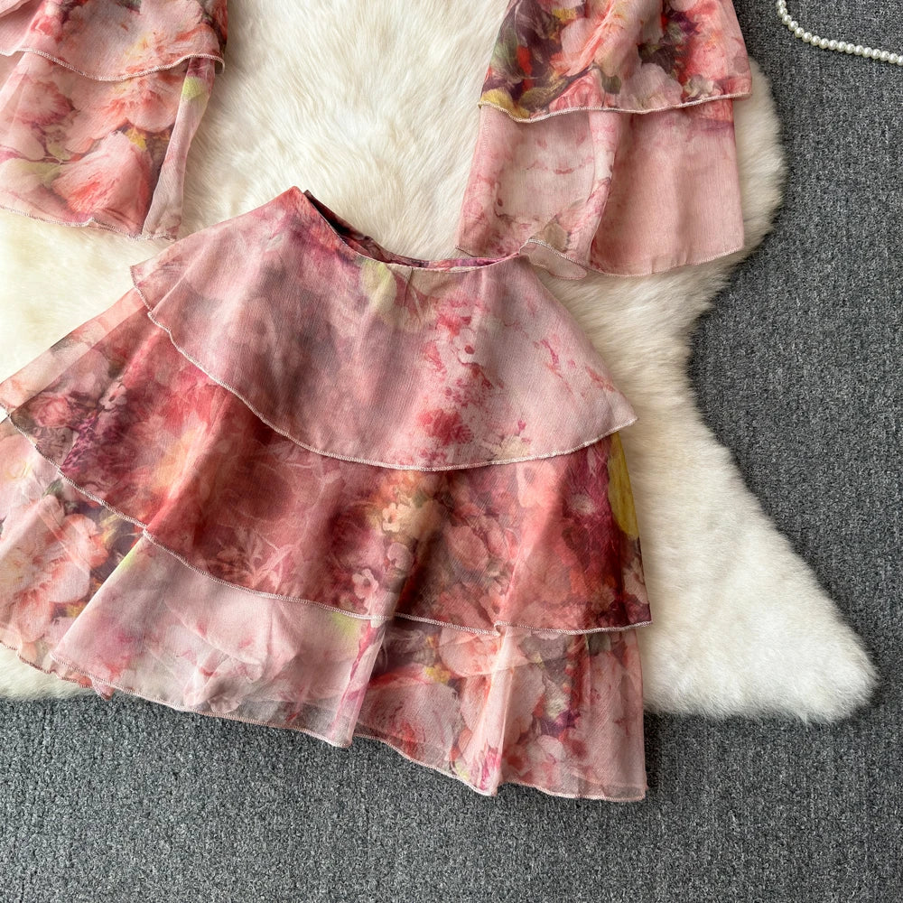 Holiday Ruffles Beach Skirts Suit Women Fashion Off Shoulder Floral Chiffon Tops  High Waist Mini Skirt Womens Two Peice Sets