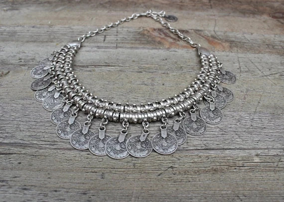 Boho Ethnic Turkish Gypsy Tribal Indian Beach Choker Bib Coin Tassel Collares Necklace For Women Vintage Silvery Afghan Jewelry