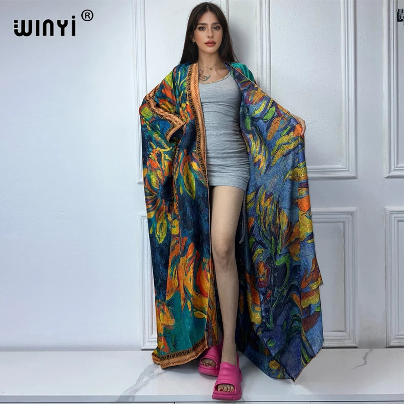WINYI high quality boho print open coat Beach Wear Cover up elegant kaftan abaya dubai luxury Cardigan kimono maxi dress