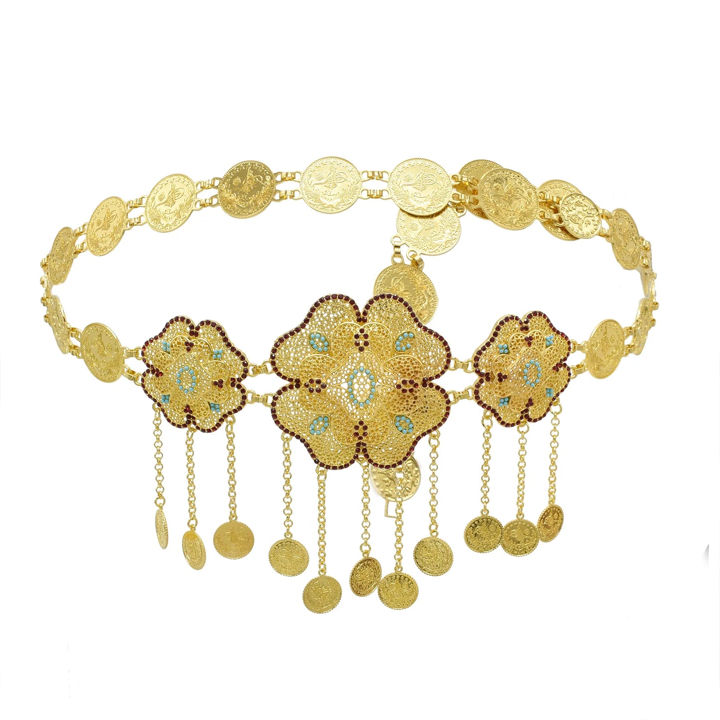 Hollow Out Flower Coins Chain Pendant Belt for Women Rhinestone Waist Chains Jewelry India Gypsy Dance Dress Accessories Gift