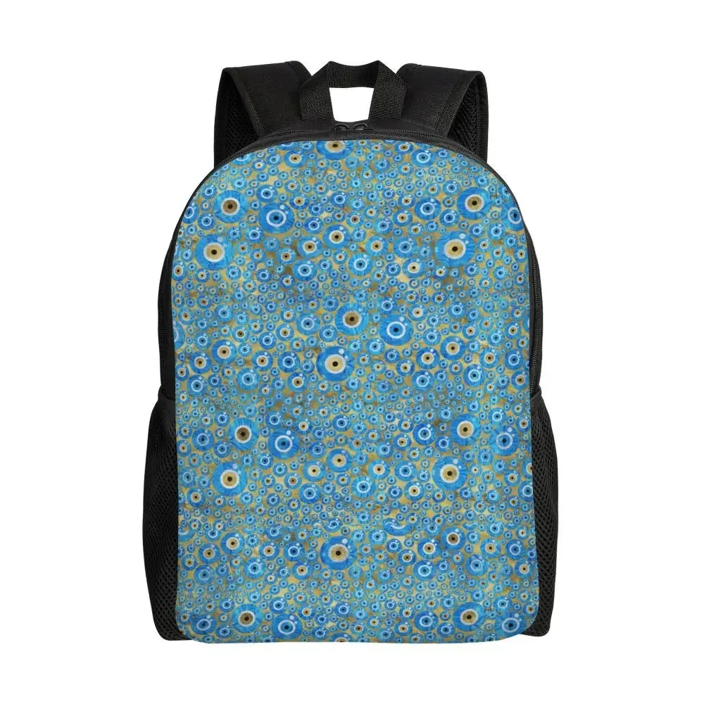 Custom Navy Blue White Mediterranean Evil Eye Mandala Pattern Backpacks Men Casual Bookbag for School College Bohemian Boho Bags