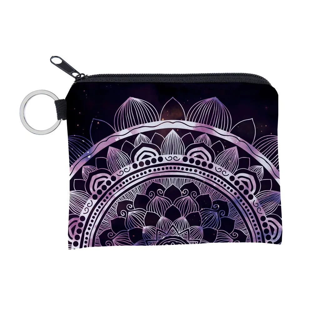 Bohemian Style Small Coin Purse Mini Wallet Coin Bag Datura flower pattern Print Waterproof with Zipper Keys Wallets for Women