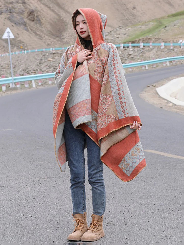 Jastie Retro Ethnic Large Shawl Ladies Fashion New Travel Knitted Hooded Poncho Women Boho Autumn Winter Warm Printed Cape Coats