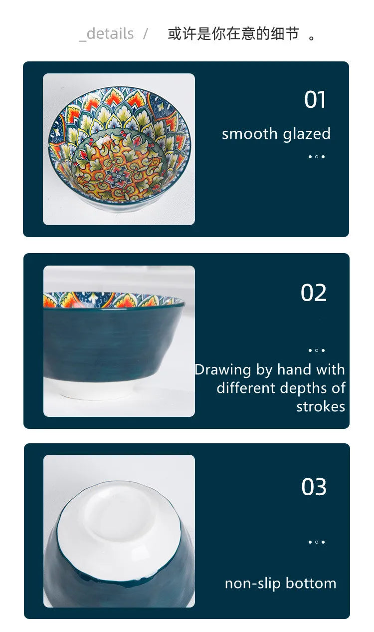 Retro Ceramic Dinner Plates Set Bohemia Style Food Plate Household Tableware Set Breakfast Plates Salad Soup Bowls Dinnerware
