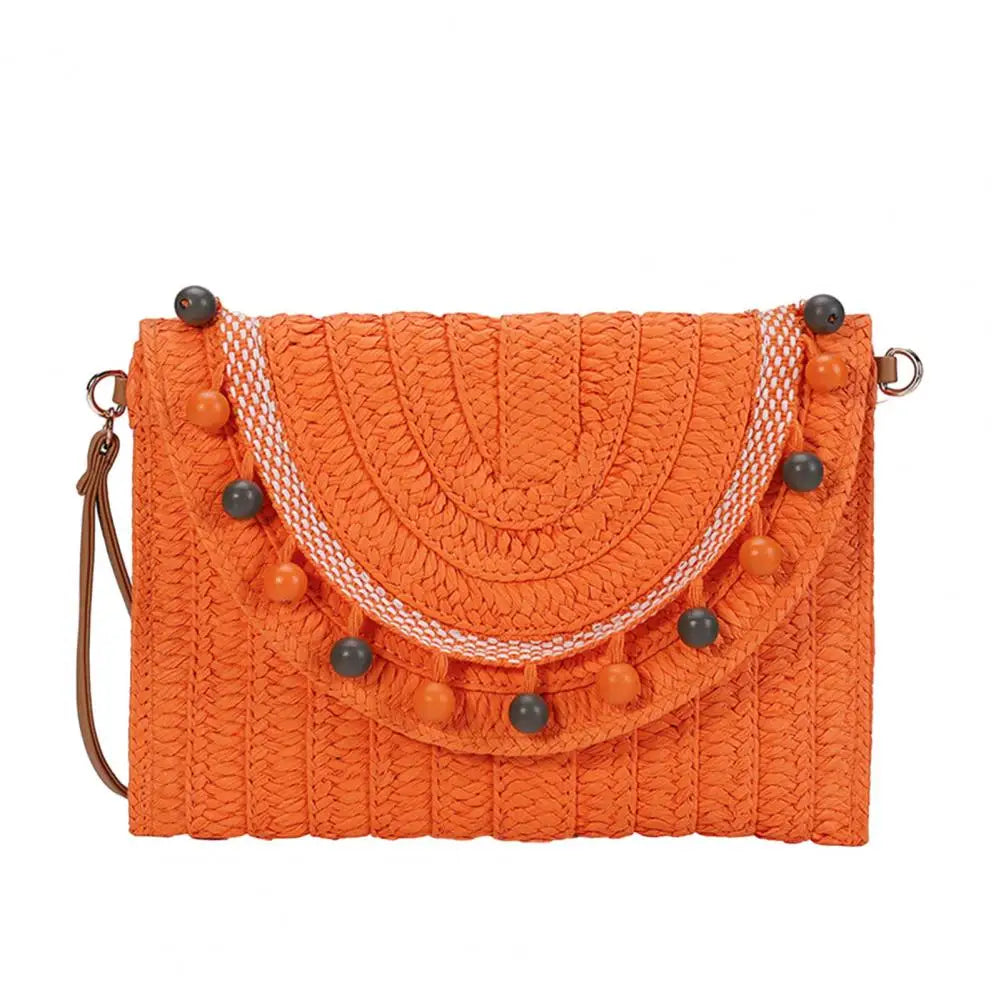 Handmade Straw Shoulder Bag with Beads Bohemian Style Large Capacity Crossbody Wallet Combo Magnetic Clasp Wallet Crossbody Bag